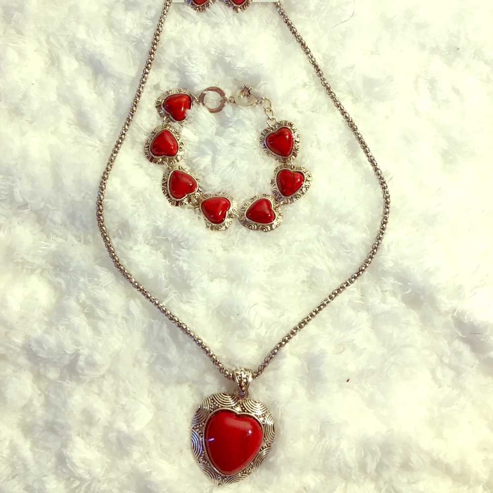 Silver & red necklace, earrings, and bracelet set.
